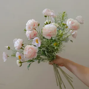 Handheld artificial pink peony bouquet silk flowers for home decor photography props