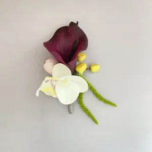 Boutonniere de orquidea artificial lirio de cala boda novio traje flor de solapa