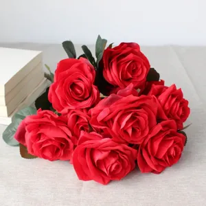 Bouquet di rose artificiali in seta rossa 10 teste fiori finti decorazione casa supporto foto
