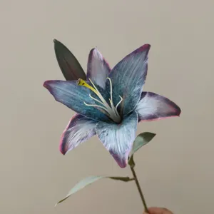 Detail view of a 3D printed retro blue lily artificial silk flower stem decor.