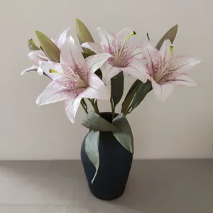Exquisite 3D printed retro pink lily artificial flower bouquet in dark vase detail shot.