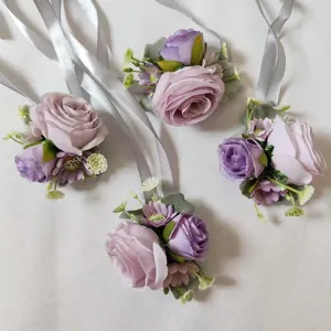 Corsetto da polso con fiori artificiali viola matrimonio sposa damigella nastro set
