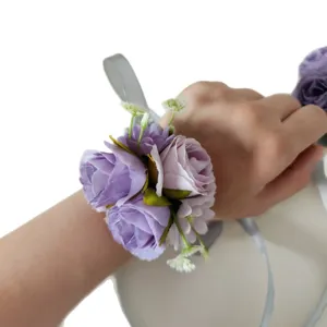 Fiore da polso in rosa artificiale viola per matrimonio damigella d'onore corsetto per festa.