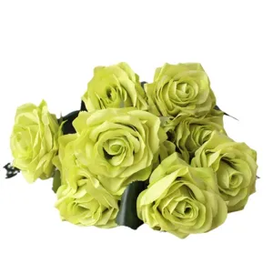 Bouquet di rose artificiali francesi a 10 teste, fiori di seta verde per decorazione.