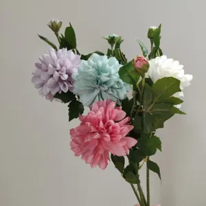 Fleur de Dahlia Artificielle Tige Unique Branche Florale en Soie Avec Feuilles Vertes Pour Décoration Maison Fête Mariage Accessoires