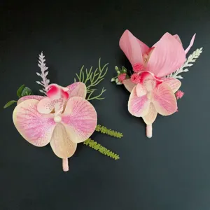 Artificial Phalaenopsis Orchid Boutonniere Groom Groomsmen Corsage Suit Lapel Flower Wedding Party Business Event Decor