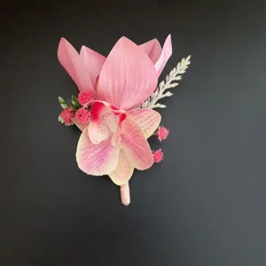 Artificial phalaenopsis boutonniere wedding groom lapel flower pink floral suit accessory detail