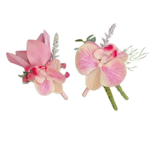 Pink orchid boutonniere groom groomsman wedding suit lapel flower artificial corsage