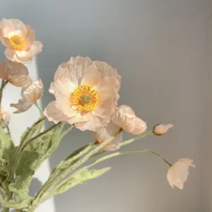 Exquisite artificial Icelandic poppy detail, coral pink silk flower with velvet stem for decor.
