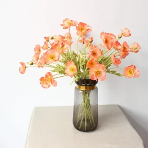 Artificial Icelandic poppy flower bouquet coral pink with grey glass vase home decoration