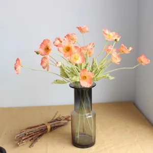 Artificial Iceland poppy silk flowers in grey glass vase home decor floral arrangement