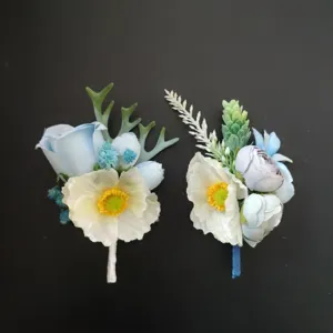 Blue wedding groom boutonniere artificial flower suit lapel pin for business guest event