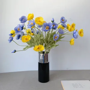 Artificial Icelandic poppy silk flowers, flocked botanical bouquet in black vase for home decor.
