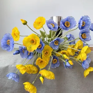 Artificial Iceland poppy flocked silk flower blue yellow decor floral arrangement detail view