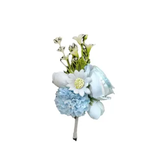 Blue groom boutonniere artificial flower wedding corsage for suit lapel pin party decor