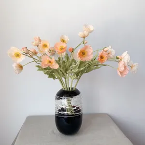 Coral pink artificial Iceland poppy silk flowers bouquet with flocked texture and stylish vase detail
