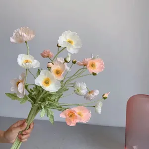 Artificial Icelandic poppy silk flower bouquet, flocked floral decor in coral pink color.