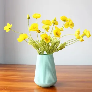 Artificial Iceland Poppy silk flower bouquet in a ribbed blue vase for home decor details.