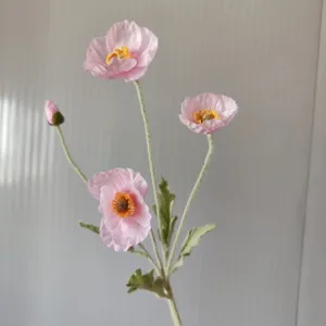 Artificial Iceland poppy detail view, coral pink velvet flower stem, perfect for floral decor.