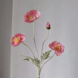 Artificial coral pink poppy flower branch, flocked faux floral stem for home decor.