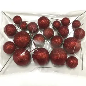 Set de bolas con purpurina roja para tarta, esferas decorativas brillantes con tallos.