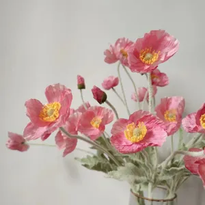 Artificial poppy flower detail, coral pink silk flower, flocked stem home decor.
