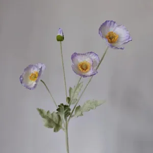 4-head Iceland poppy artificial silk flower flocked stem home decor floral arrangement
