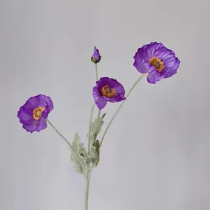 Artificial purple Iceland poppy flower branch with flocked stem for home decor and styling.