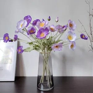 Artificial Iceland Poppy flowers bouquet purple silk floral arrangement home decor vase.