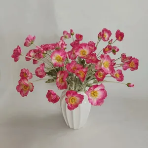 Coral pink flocked artificial Iceland poppy flower bouquet in white vase for home decor