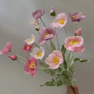 Artificial Iceland poppy flocking flower bouquet fake plant home decor coral pink 1pc