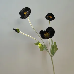 Detail shot of 4-head artificial black poppy flower with flocked stem for home decor.