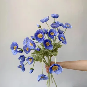 Artificial blue poppy flower bouquet flocked fake flowers home decor wedding floral