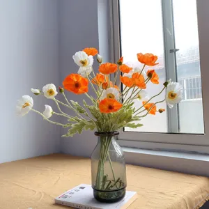 Artificial Iceland poppy flowers bouquet in glass vase, home decor faux silk floral arrangement.