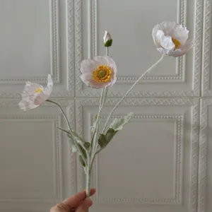 Artificial poppy flower 4-head flocked silk flower for home room decor photography props