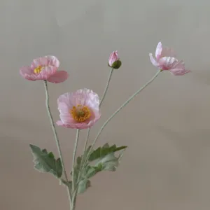 Artificial poppy flower detail view, 4-head flocked silk poppy branch for home decor.