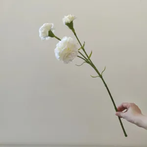 Artificial white carnation fake flowers 3-head silk floral stems for home wedding party decoration