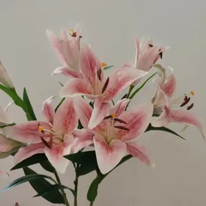 Artificial pink lily flower bouquet detail view, high quality fake floral decor for home.