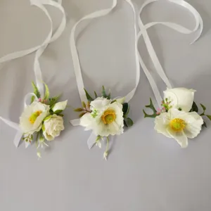 Détails de fleur de poignet artificielle blanche coquelicot rose avec ruban pour mariage mariée