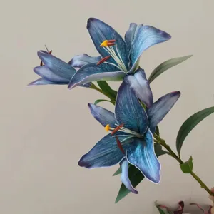 Close-up detail shot of artificial blue lily flower, premium PU touch material for decor.