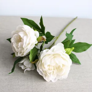 Artificial white peony silk flowers 3 heads detail view for home decor and wedding.