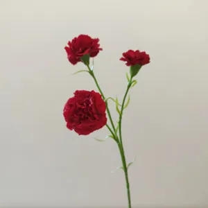 Detailed view of artificial red carnation flower stem, 3 flower heads silk floral decor.