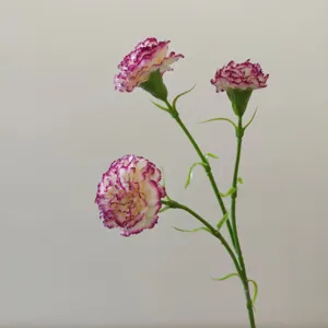 Close-up detail of artificial 3-head carnation silk flower, elegant white and purple petal gradient.