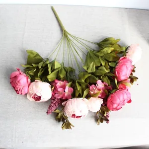 Detailed view of the 13-head vintage artificial autumn peony silk flower bouquet for decor.