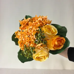 Artificial silk rose and hydrangea mixed flower bouquet detail, perfect for wedding and home decor.
