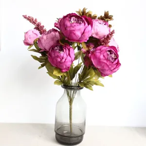 Artificial Peony Flowers Silk Bouquet Home Decor Fake Floral Arrangement Glass Vase