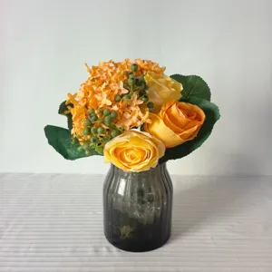 Artificial rose and hydrangea mixed silk flower bouquet detail view for home decor weddings