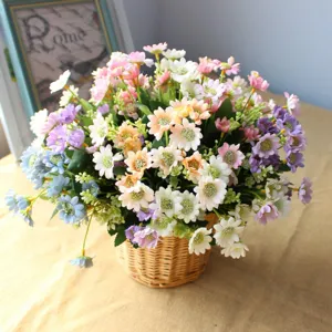 Silk daisy flowers bouquet in woven basket, artificial floral decor for home and desktop.