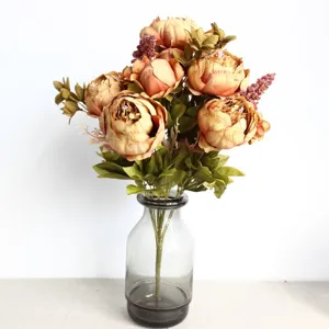 Vintage artificial peony flower bouquet 13 heads silk flowers for home decor photography prop.