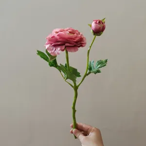 Artificial camellia flower detail shot, 2-head short branch silk floral prop for home decor.
